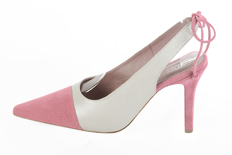 Carnation pink and pure white women's slingback shoes. Pointed toe. High slim heel. Profile view - Florence KOOIJMAN